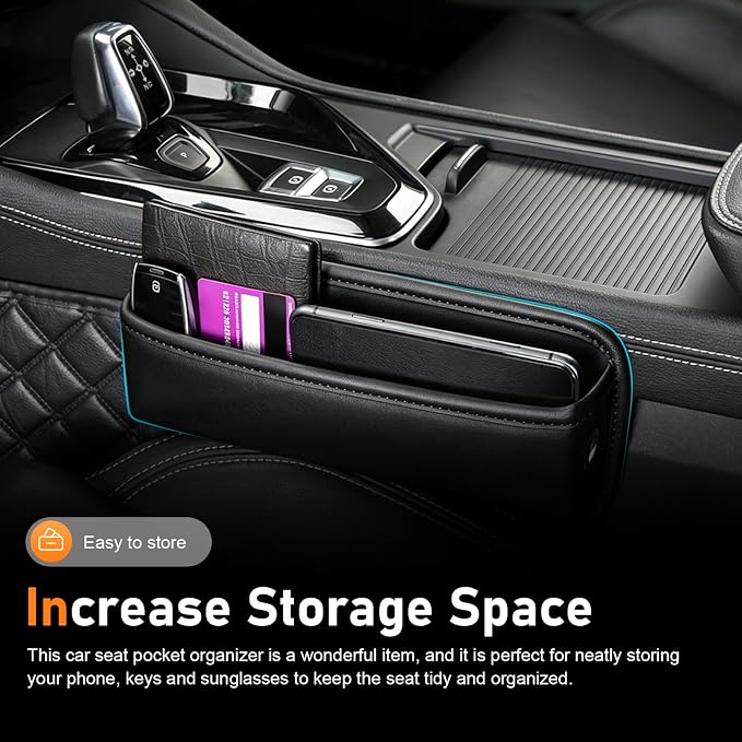 2 PCS Car Seat Gap Filler Organizer, Leather Front Seat Side Console Gap Filler, Anti-Slip Strap Center Console Organizer with Card Slots, Universal for Car, SUV, Truck (Black)