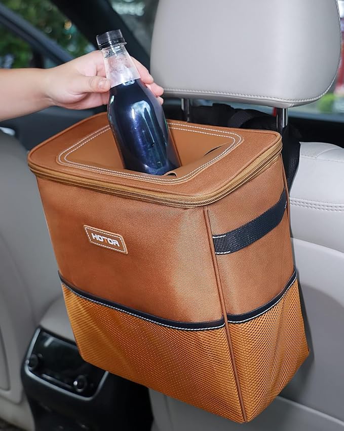 HOTOR 3 Gallons Car Trash Can, Ultra Large Capacity Organizer and Storage with Adjustable Straps & Magnetic Snaps, Waterproof Car Accessory for Interior Car Stuff Storage, Brown