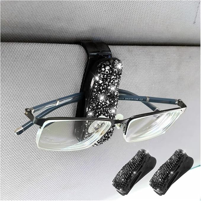 Moly Magnolia Bling Car Glasses Holder, 2PCS Handcrafted Crystal Rhinestones Fashion Car Sunglasses Mount with Card Clip for All Sun Visors, Auto Interior Accessories for Women Girl (Black)
