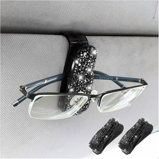 Moly Magnolia Bling Car Glasses Holder, 2PCS Handcrafted Crystal Rhinestones Fashion Car Sunglasses Mount with Card Clip for All Sun Visors, Auto Interior Accessories for Women Girl (Black)