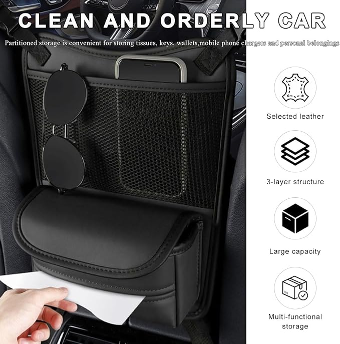 Car Organizer Storage Between Seats, Leather Car Console Hanging Storage Organizer with Mesh Pocket Tissue Box, Multi-Functional Large Capacity Headrest Holder Bag for Purse Snack (Black)