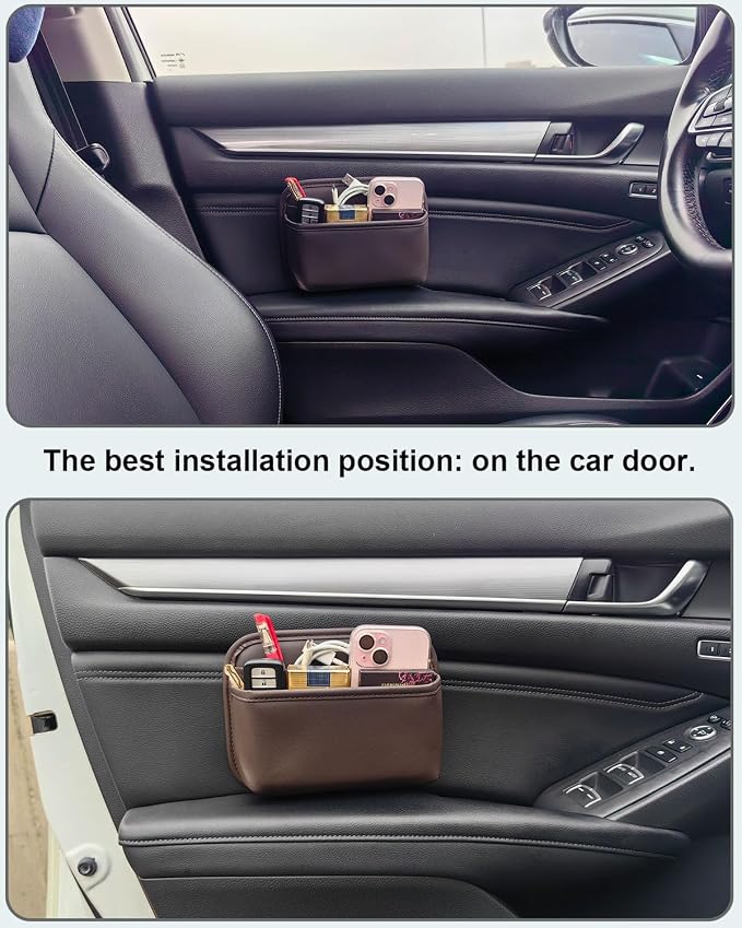 Driver's Car Storage Bag, Small Car Side Pocket Organizer for Car Seats, Doors and Consoles, PU Leather (Brown)