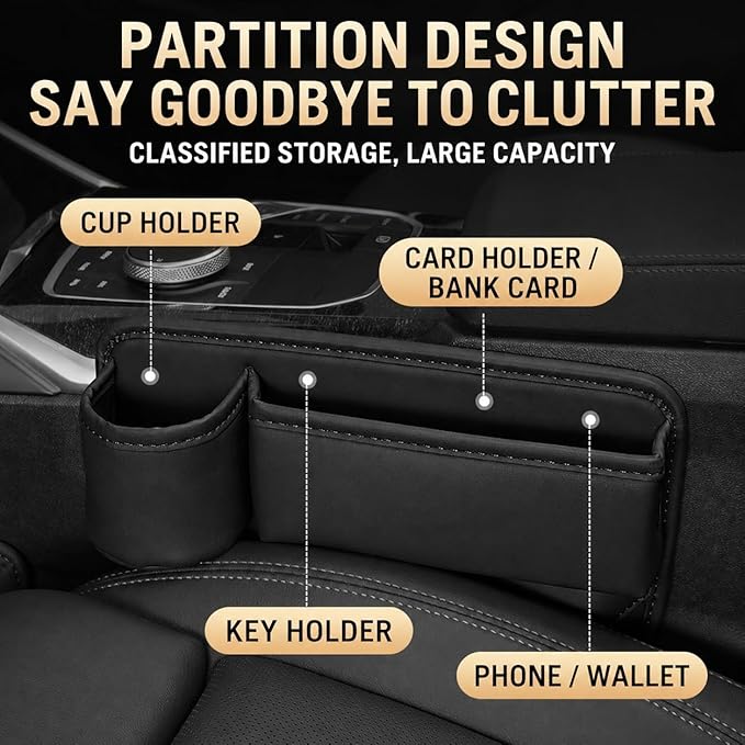 2 Pack Car Seat Gap Organizer with Cup Holder, Multipurpose Leather Car Seat Gap Filler, Universal Front Seat Storage Box for Cell Phones, Wallets, Keys, Cards, Car Interior Accessories