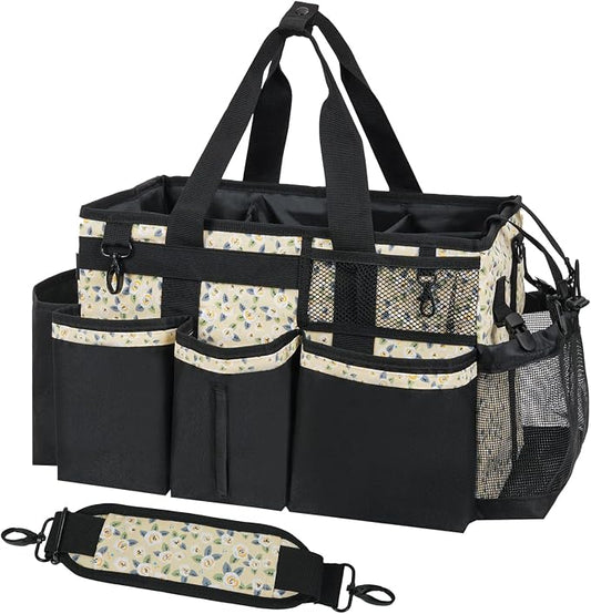 SCAVATA Wearable Cleaning Caddy, Cleaning Caddy Supplies Organizer with Handle & Shoulder Straps for Housekeepers, Under Sink & Car Cleaning Tool Organizers Bag with 4 Foldable Divider (YellowFlower)