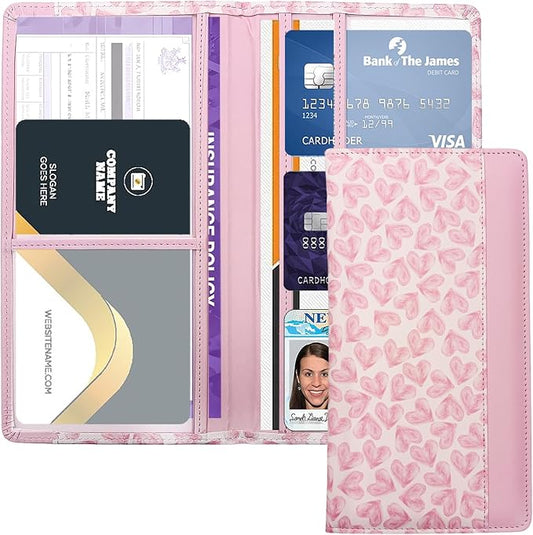 Car Registration and Insurance Holder with Magnetic Closure, Universal Document Organizer for License, Insurance Cards & Glove Box Storage (Heart-Pink)