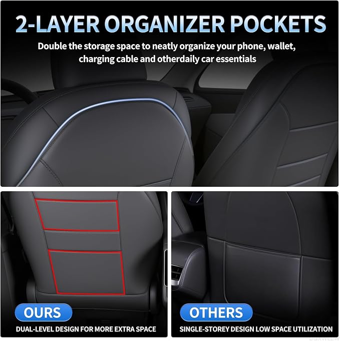 Seat Back Protector for Tesla Model Y Juniper/3/X/S Accessories Leather Kick Mats Protectors with Dual Layer Organizer Pockets for Drivers Scratchproof Waterproof Backseat Cover, Set of 2