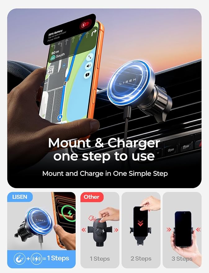 LISEN 15W MagSafe Car Mount Charger,[Light Pink] Magnetic Wireless Car Charger, Dashboard & Air Vent Car Phone Mounts, Magnetic Phone Holder for Car Mount for iPhone 17/16/15/14/13/12, Samsung Pixel | [Light Pink & Purple LED light] Magsafe Car Mount C...