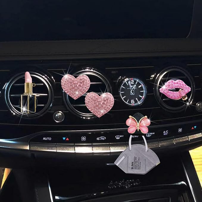 Bling Heart 4 Pcs Pink Lip Air Vent Clips + Butterfly Mask Hook
