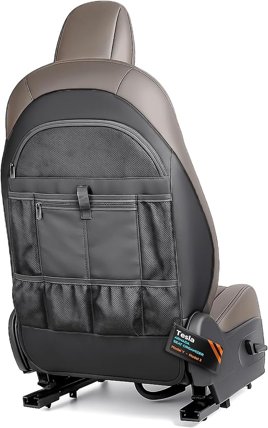Back Seat organizer for Tesla Model 3 / Model Y (Premium Vegan Leather) Custom fit Car Seat Back Protector with Storage Pockets (Black)
