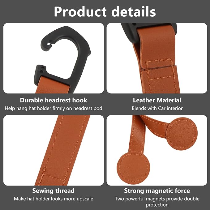Magnetic Hat Clip Set for Travel, 3 Pcs Leather Hat Holder with Headrest Hook, Cowboy Cap Organizer for Truck SUV Travel, Multi-Purpose Storage Clips, Black Brown Burgundy