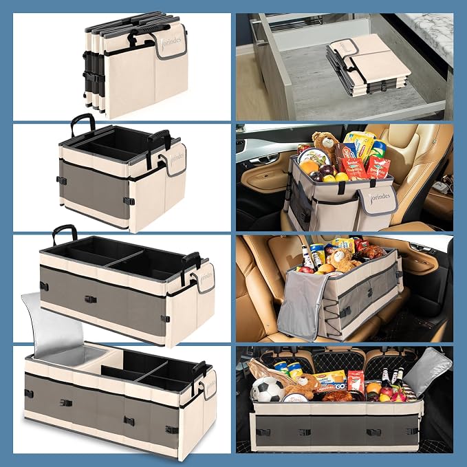 Trunk Organizer with Built-in Insulated Leak Proof Cooler Bag,Collapsible Cargo Organizer for SUV with Non Slip Bottom Strips,3 Large Compartments Foldable Waterproof Portable Car Storage Box