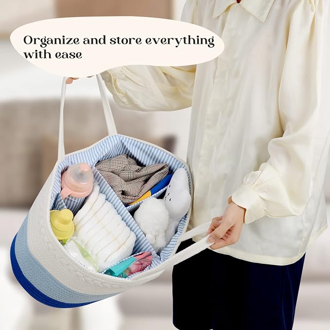 luxury little Diaper Caddy Organizer, Large Cotton Rope Nursery Baby Basket, Changing Table Organizer for Baby Diaper Storage, Portable Car Organizer Removable Divider (Blue, Extra Large)