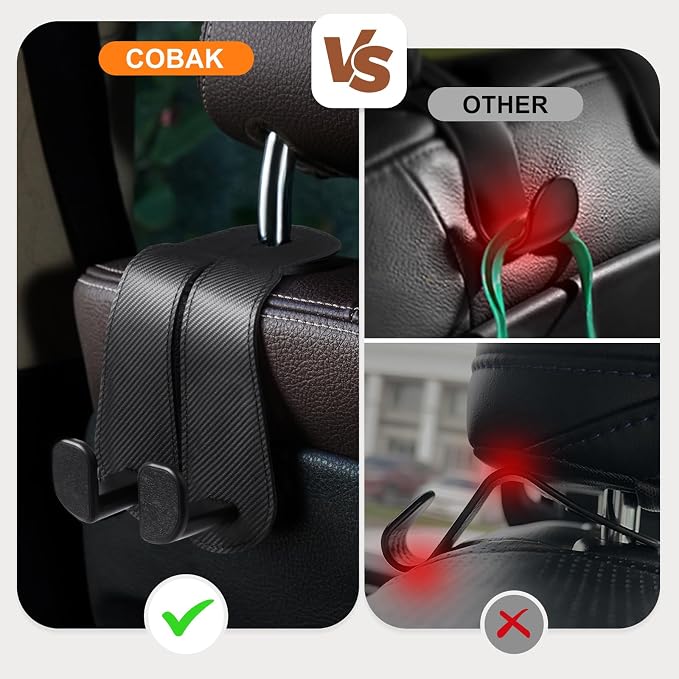 CoBak Extra Wide Car Seat Back Hooks, Premium Stitched Leather Headrest Hangers with Wide Slot Structure, Universal for Any-Width Purses, Handbags, Bags (2 Pack), Carbon Fiber Black