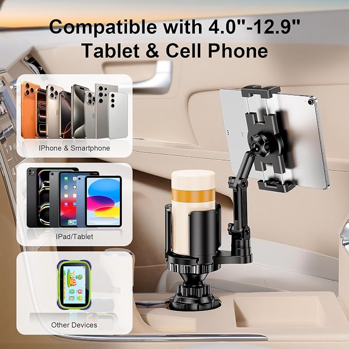Tablet Holder for Car, 3 in 1 Cup Holder ipad Car Mount with Expander, Adjustable Base and Long Arm with 360°Rotation Phone ipad Holder Compatible for 4-12.9‘’ Tablet, All Smartphones and Most Bottles