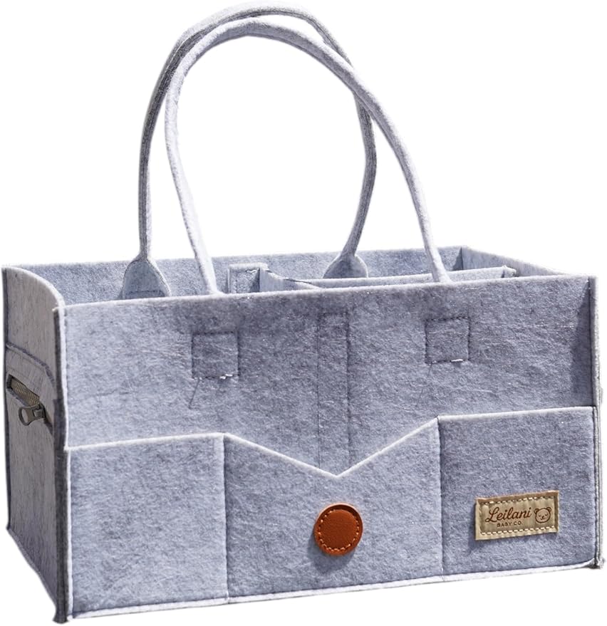Baby Diaper Caddy Organizer, Portable Felt Nursery Storage Basket with Handles and Removable Dividers, Gray