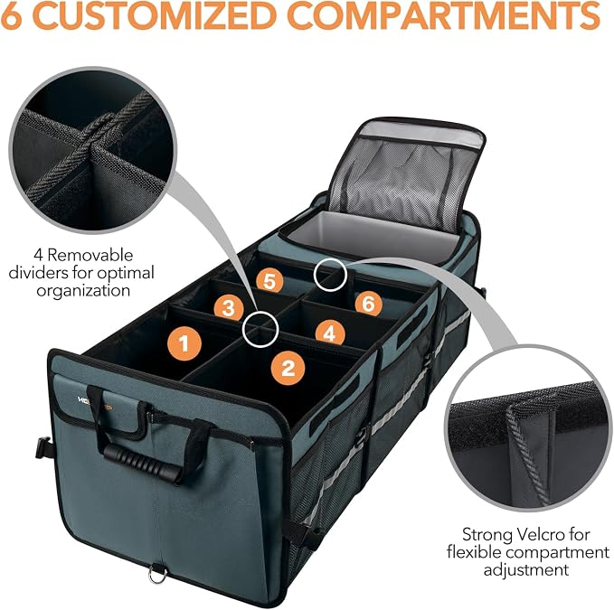 HEYTRIP Large Trunk Organizer With Built-in Leakproof Cooler Bag, 2 Tie-Down Straps, 4 Removable Dividers, Foldable Cover, Built with 2mm PE Board, Gray