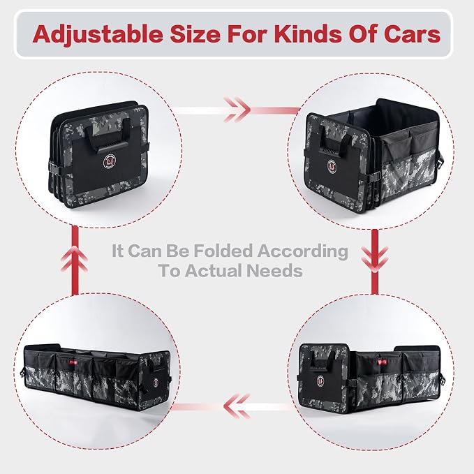 LIBZAKI Car Trunk Organizer,3 Compartments Big Trunk Storage, Large Capacity, Foldable, 95L Heavy Duty Storage Box for Car, SUV, Truck,Jeep, Includes 26L Cooler Bag-Black Camouflage