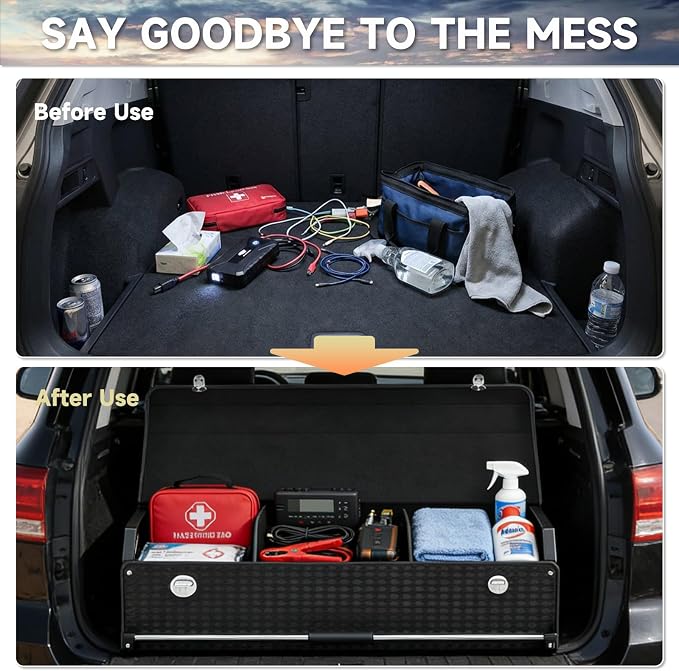 SUV Trunk Organizers, Sturdy Leather Trunk Storage Organizer with Lid & Push-pull Handle, Large Capacity Waterproof Cargo Storage Box for BMW Audi Civic Sedan (39.7 x 11.4 x 12.2in)