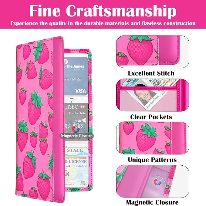 Car Registration and Insurance Holder with Magnetic Closure, Universal Document Organizer for License, Insurance Cards & Glove Box Storage (Strawberry-Hot Pink)