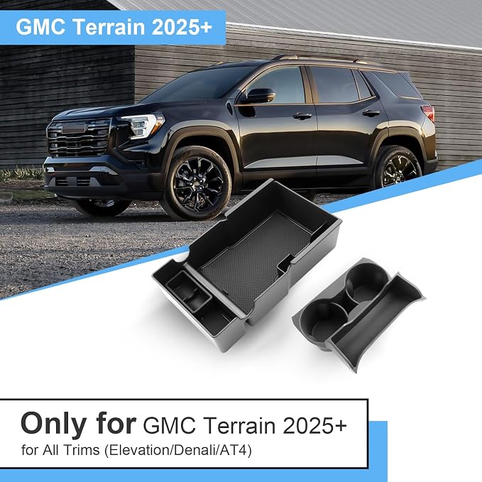 (2Pack) 2025 2026 Terrain Center Console Organizer (Cup Holder+Console Organizer) (Elevation/Denali/AT4), Durable ABS Plastic&Anti-Slip Rubber Console Tray Insert 2026 Terrain Accessories