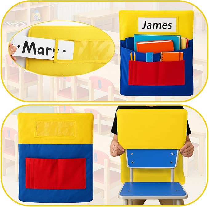 25 PCS Chair Pockets for Classroom Chairs, 15"W x 19"H Seat Sacks with 5 Pockets, Durable 600D Oxford Student Chair Bag Organizer with Name Tag Slot for K-5 Kindergarten School, Colorful