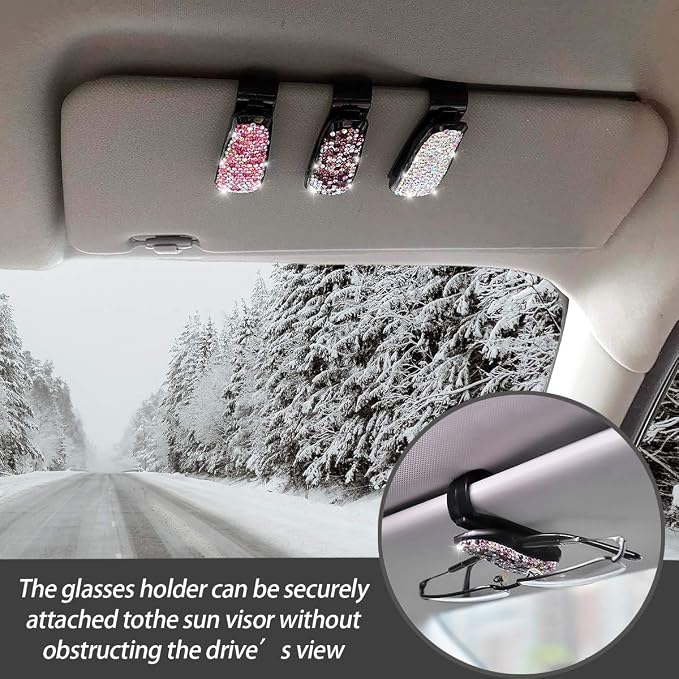 Moly Magnolia 2 PCS Glasses Holders for Car Sun Visor, Fashion Bling Crystal Rhinestones Car Eyeglasses Sunglasses Hanger Mount with Ticket Card Clip for Women Girls (Silver)