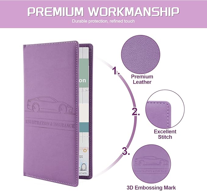 JUSTTOP 2Pack Car Registration and Insurance Holder,Car Document Holder for Cards License with Magnetic Shut,Vehicle Glove Box Car Organizer for Documents, Cards, License(Purple)