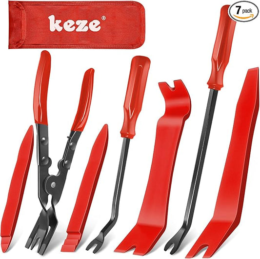 Keze 7 Pcs Auto Trim Removal Tool Kit for Car Panel Dashboard Door Clips and Upholstery with Plastic Pry Tool & Clip Pliers – No Scratch Design Professional Automotive Repair Tools Set, Red