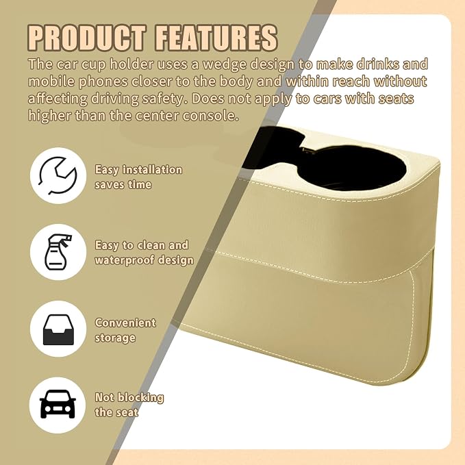 Car Cup Holder, PU Leather Auto Front Seat Organizer, Multifunctional Cup Drink Holders, Gap Filler Storage Box Coin Bucket Console Side Pocket Cell Mobile Phone Holder (Beige)