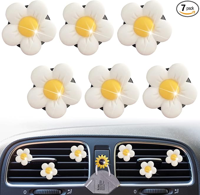 Cute Daisy Air Vent Clips, 6 Pcs Flower Car Air Fresheners Vent Clips Car Diffuser Vent Clip Charm Decoration for Women Cute Interior Decor Accessories + Sunflower Mask Hook (White)