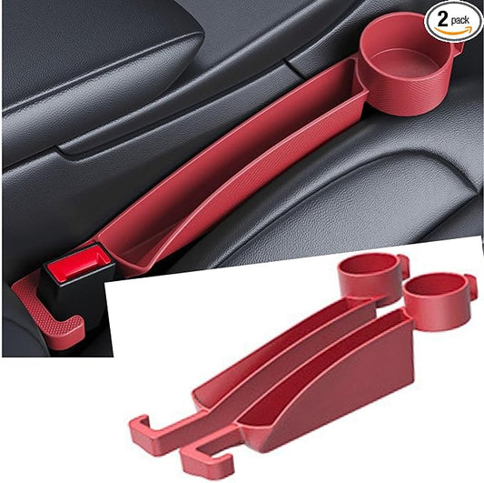Car Seat Gap Filler Organizer 2 Pack, 4-in-1 Universal Car Seat Gap Plug with Cup Holder & Storage Hook, Front Seat Console Gap Stopper Prevents Dropping, Fits Most Cars SUVs Trucks (red)