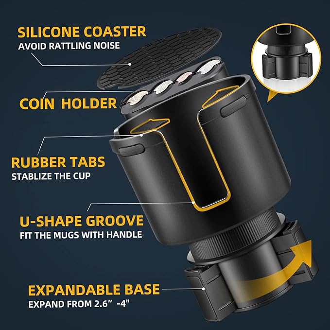 GDQ Car Cup Holder Expander - with Removable Coin Box - Adjustable Base, Universal Fit for Most Vehicles, Compatible with Yeti/Stanley Large Mugs & All Handle Cups, Automotive Interior Storage