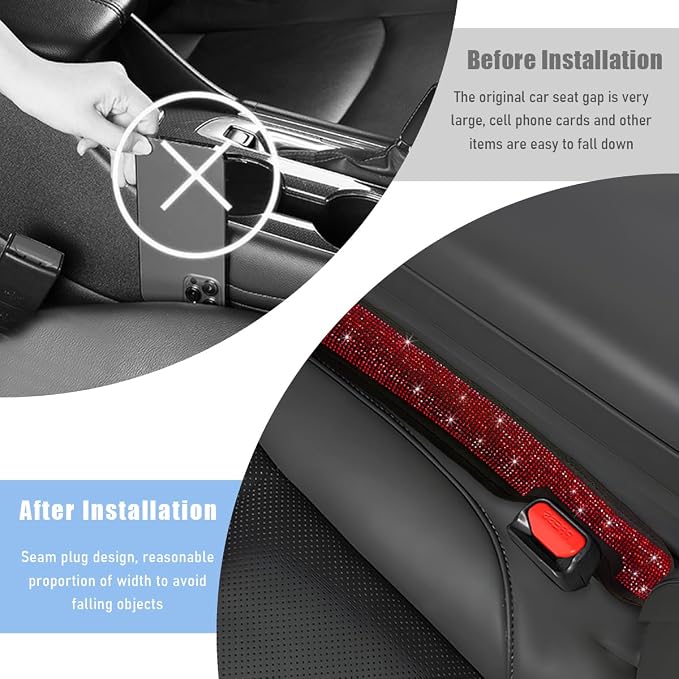 2PCS Bling Car Seat Gap Filler, Sparkling Rhinestone Side Seat Gap Blocker Stop Things from Dropping, Soft Foam Car Truck Filler Blocker Fill The Gaps Between Seats and Console (Red)