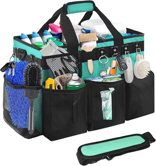 Cleaning Bags for Housekeepers, Large Cleaning Supplies Organizer with Handles & Shoulder Strap, Cleaning Caddy Bag with Foldable Divider for Cleaners, Car Horse Cleaning Bag (Green)