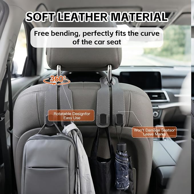 Car Seat Headrest Hooks for Purses and Bags, 4-Pack Heavy Duty Car Seat Hooks with Anti-Slip Pad, Universal Car Backseat Organizer Hanger Accessories for Grocery Bags (Grey)