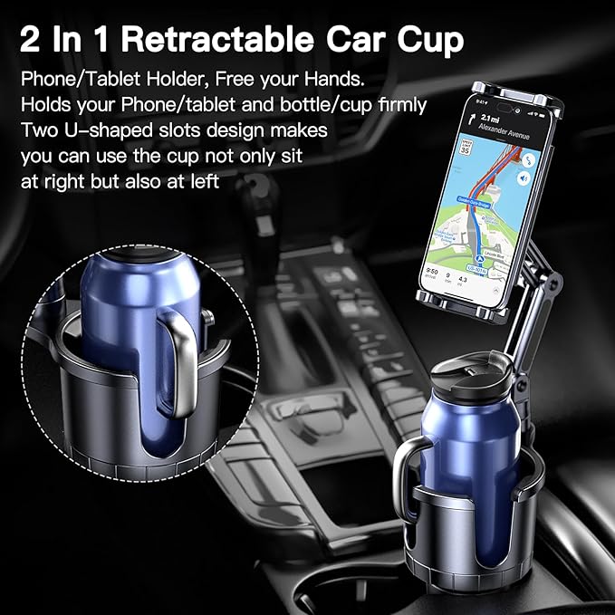 Cup Holder Phone Tablet Mount, 2 in 1 iPad Car Cup Holder with Expander Adjustable Arm for 4.7-10 inches Phone Tablet Mount Compatible for iPad Pro Air Mini, Fire,iPhone 17,Galaxy Phones