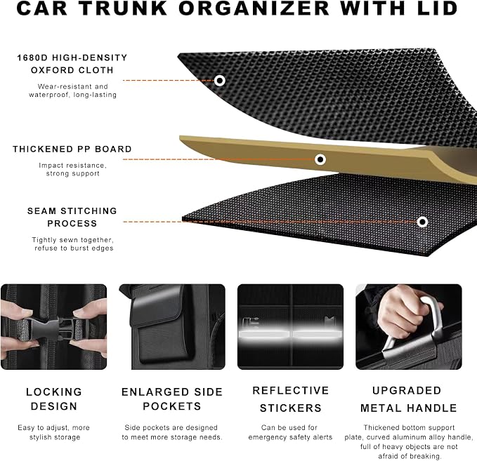 Car Trunk Organizer, 52L Collapsible Car Storage Waterproof Trunk Organizer with Lid & Handle, Multi Compartment Oxford Cargo Groceries Storage for Trucks SUVs Sedans