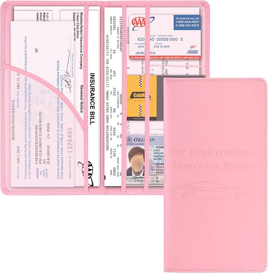 Cacturism Car Registration and Insurance Holder, Car Accessories Vehicle Glove Box Car Organizer Women Car Accessories with Magnetic Shut for Cards, Essential Document, Driver License, Pink