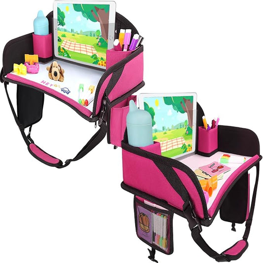 Kids Travel Tray for Airplane - Toddler Car Seat Table Tray, Road Trip Essentials for Boys & Girls, Carseat Lap Desk for Kids Road Trip Activities (Pink-2PCS)