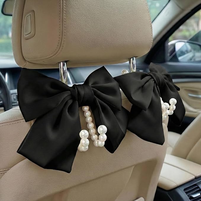 2PCS Satin Bow Pearl Car Seat Headrest Hooks – Car Bag Holder & Vehicle Hanger for Purses – Cute Coquette Aesthetic Interior Decoration – Cute Auto Organizer Accessories Universal (Black)