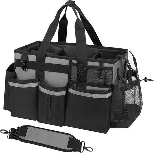 SCAVATA Wearable Cleaning Caddy, Cleaning Caddy Supplies Organizer with Handle & Shoulder Straps for Housekeepers, Under Sink & Car Cleaning Tool Organizers Bag with 4 Foldable Divider (MediumGrey)
