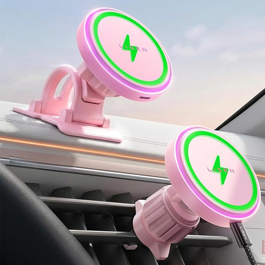 LISEN 15W MagSafe Car Mount Charger,[Light Pink] Magnetic Wireless Car Charger, Dashboard & Air Vent Car Phone Mounts, Magnetic Phone Holder for Car Mount for iPhone 17/16/15/14/13/12, Samsung Pixel | [Light Pink & Purple LED light] Magsafe Car Mount C...