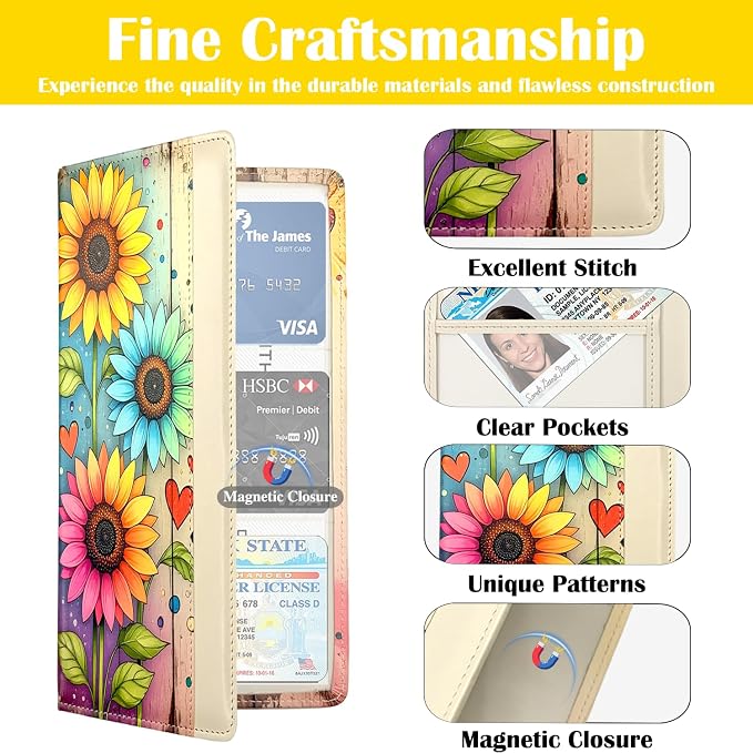 Car Registration and Insurance Holder with Magnetic Closure, Universal Document Organizer for License, Insurance Cards & Glove Box Storage (Sunflower-Colorful)