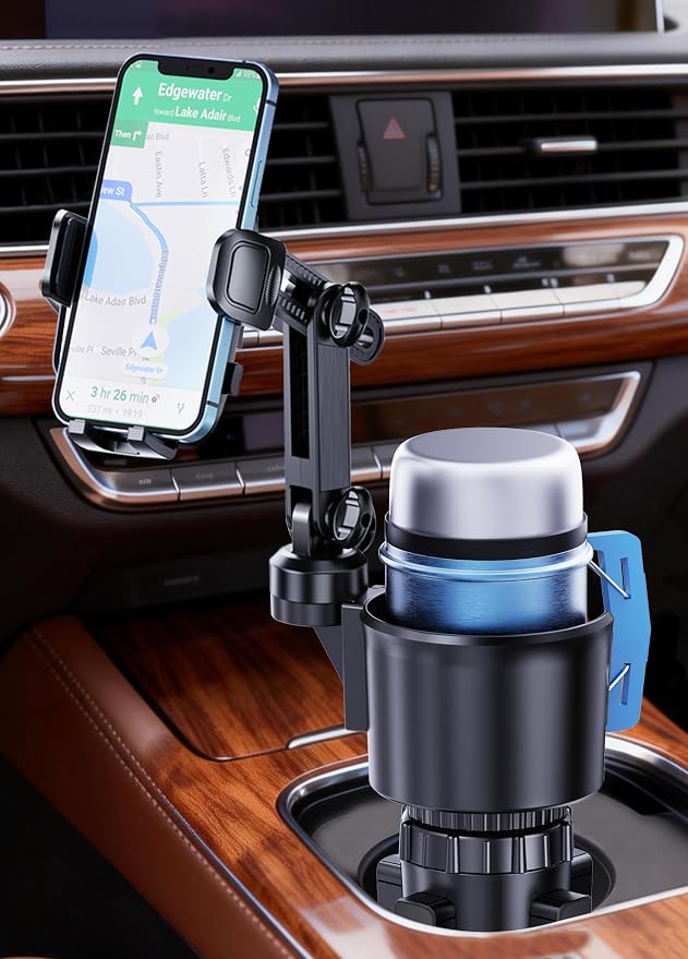 Phone Cup Holder for Car with Long Retractable Arm, 2 in 1 Universal Cup Holder Expander with Adjustable Base, 360° Rotation Phone Mount for Car & Truck - Holds All 4-7'' Smartphones