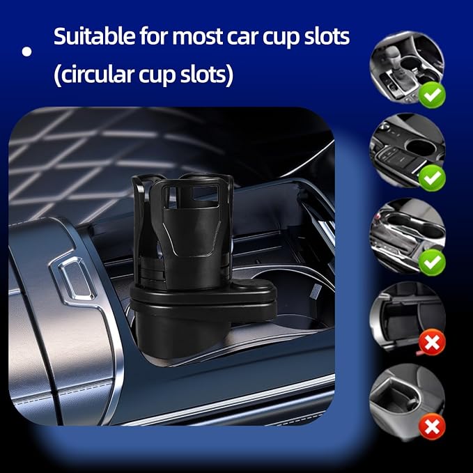 Car Cup Holder Expander, 2-in-1 Multifunctional Adjustable Drink Holder, Black Universal Beverage Organizer for Vehicle Console, 7.32 x 3.35 Inch