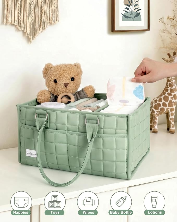 Baby Diaper Caddy Organizer, Portable Nursery Storage Basket with Handle for Newborn Boy or Girl, Gift for Baby Shower Essentials, Registry Must Have Bag, Caddie Car Organizer, Light Green