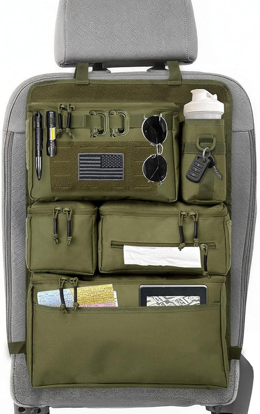 Tactical Seat Back Organizer Heavy Duty MOLLE Panel Organizer with Multiple Pockets & Hook Loop Panel for Road Trip Essentials, Universal Fit for Car SUV Truck Jeep (Army Green)