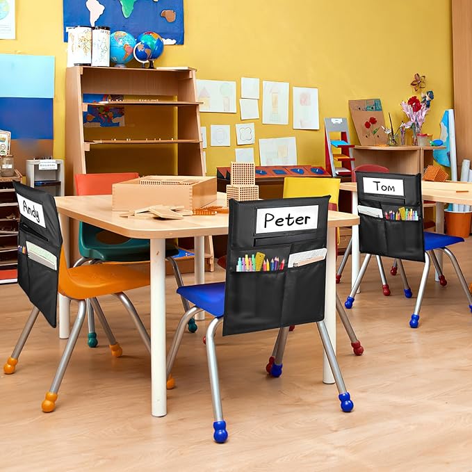 12 Pack Chair Pockets for Classrooms, Black Chair Pocket with 3 Heavy Duty Storage Pocket, Chair Back Buddy Pockets with Name Tag Slot, Chair Back Storage Organizer for Classroom, Home, 16 x 19 Inch
