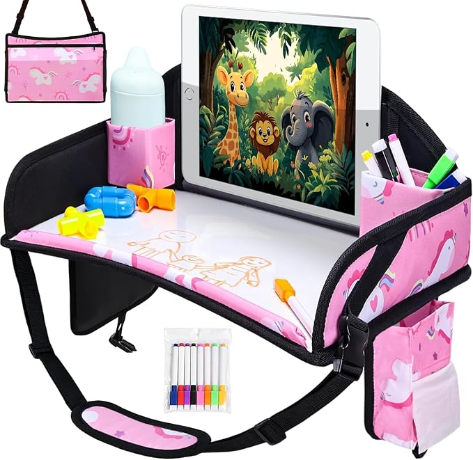 Kids Travel Tray for Toddler Car Seat, Road Trip Activities for Kids with iPad Holder Stand & Dry Erase Board, Road Trip Essentials Accessories Lap Tray as Travel Gifts for Kid, 2PC