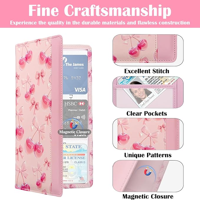 Car Registration and Insurance Holder with Magnetic Closure, Universal Document Organizer for License, Insurance Cards & Glove Box Storage (Cherry-Pink)